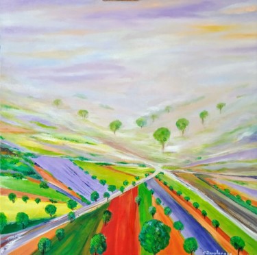 Картина под названием "champs et arbres ve…" - Christine Desplanque, Подлинное произведение искусства, Масло Установлен на Д…