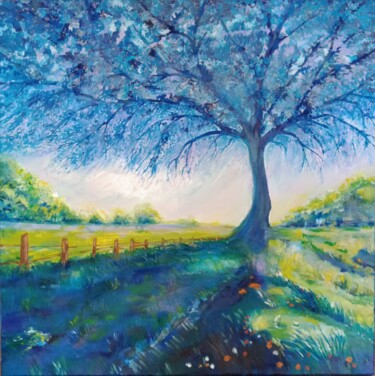 Painting titled "L arbre bleu" by Christine Desplanque, Original Artwork, Oil Mounted on Wood Stretcher frame