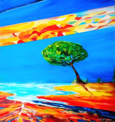 Painting titled "L arbre solitaire d…" by Christine Desplanque, Original Artwork, Oil Mounted on Wood Stretcher frame