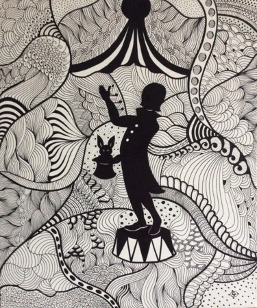 Drawing titled "CIRQUE DESSIN TANGLE" by Christine Fraga Frénot, Original Artwork, Acrylic Mounted on Wood Stretcher frame