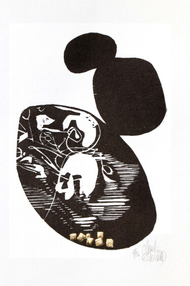 Druckgrafik mit dem Titel "La pierre de patien…" von Christine Guichard, Original-Kunstwerk, Holzschnitt