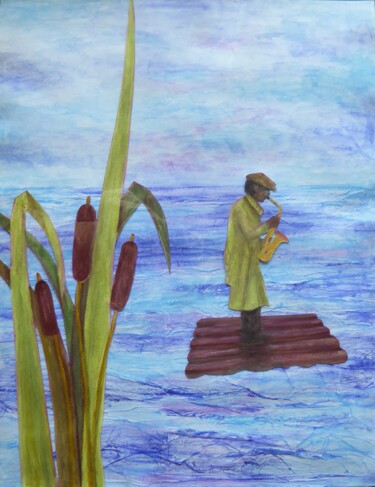 「saxophoniste sur ra…」というタイトルの絵画 Christine Jumaucourtによって, オリジナルのアートワーク, 水彩画 その他の剛性パネルにマウント