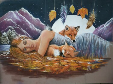 Dessin intitulée "Lune rousse" par Christine Mergnat, Œuvre d'art originale, Pastel