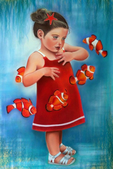 Peinture intitulée "poissons d'avril" par Christine Mergnat, Œuvre d'art originale, Pastel