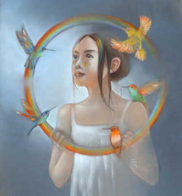 Peinture intitulée ""over the rainbow"" par Christine Mergnat, Œuvre d'art originale, Pastel