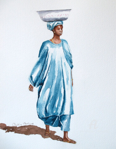 Painting titled "Le boubou bleu" by Christine Guenand, Original Artwork, Watercolor