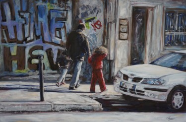 Schilderij getiteld "Père et enfants rue…" door Christophe Chevreau, Origineel Kunstwerk, Olie