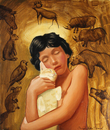 Painting titled "Unconditional love" by Christophe Stephan Durand, Original Artwork, Oil Mounted on Wood Stretcher frame
