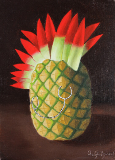 "Ananas punk" başlıklı Tablo Christophe Stephan Durand tarafından, Orijinal sanat, Petrol Ahşap Sedye çerçevesi üzerine mont…