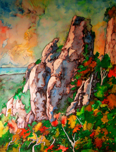 Peinture intitulée "Rochers du col de l…" par Christophe Gol, Œuvre d'art originale, Encre