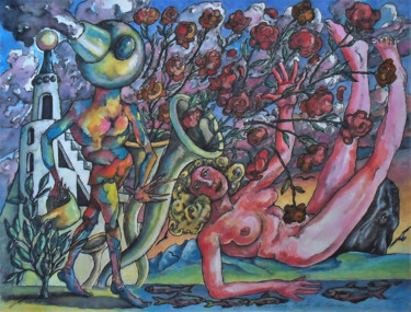 Painting titled "Vénus dans une gerb…" by Christophe Gol, Original Artwork, Gouache