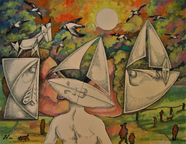 Painting titled "Le soleil perce les…" by Christophe Gol, Original Artwork, Ink
