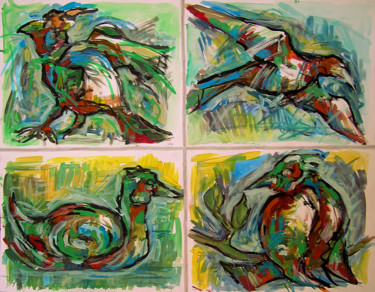 Pintura intitulada "Oiseaux" por Christophe Gol, Obras de arte originais, Guache