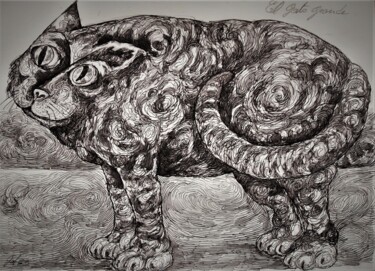 Drawing titled "El gato grande" by Christophe Gol, Original Artwork, Ink