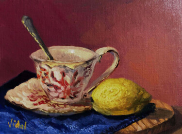 Картина под названием "Tea cup and lemon" - Christopher Vidal, Подлинное произведение искусства, Масло Установлен на Деревян…