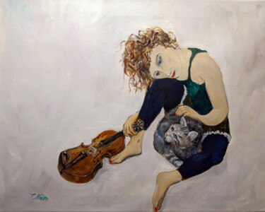 Pintura intitulada "Cat & Fiddle" por Christopher Walker, Obras de arte originais, Óleo Montado em Armação em madeira