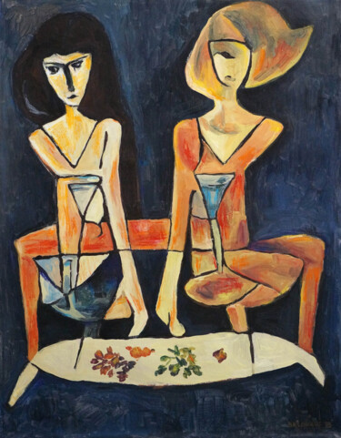 Malerei mit dem Titel "Two girls drink wine" von Christos Baloukos, Original-Kunstwerk, Acryl