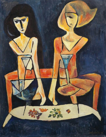 「Two girls drink wine」というタイトルの絵画 Christos Baloukosによって, オリジナルのアートワーク, アクリル