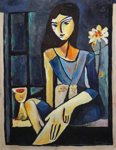 Painting titled "A girl sitting on b…" by Christos Baloukos, Original Artwork, Acrylic