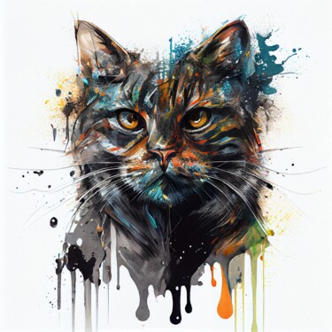 Artes digitais intitulada "Watercolor Cat #1" por Chromatic Fusion Studio, Obras de arte originais, Óleo