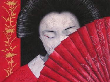 Peinture intitulée "Geisha à l'éventail…" par Chrystel Mialet, Œuvre d'art originale
