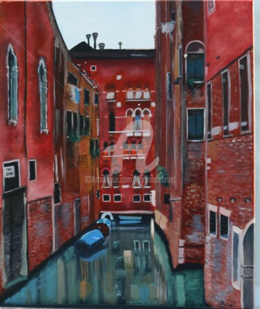 Painting titled "Il Canale" by Chrystèle Bruel, Original Artwork, Oil Mounted on Wood Stretcher frame