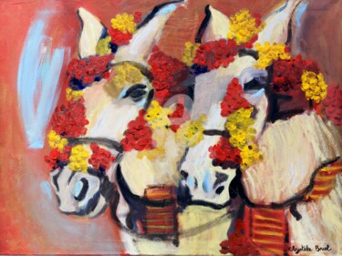 Painting titled "Cavallos de Fiesta" by Chrystèle Bruel, Original Artwork, Oil Mounted on Wood Stretcher frame