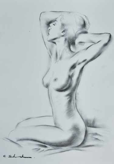 Rysunek zatytułowany „Female Drawing 5” autorstwa Chung Yau Shek, Oryginalna praca, Węgiel drzewny