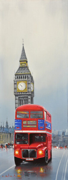 Painting titled "London Bus" by Chung Yau Shek, Original Artwork, Oil Mounted on Wood Stretcher frame