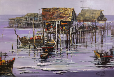 Painting titled "Fishing village res…" by Chunlei Zhang, Original Artwork, Oil Mounted on Wood Stretcher frame