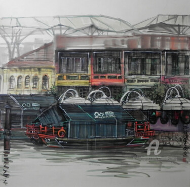 Rysunek zatytułowany „Clarke Quay” autorstwa Chunlei Zhang, Oryginalna praca, Atrament Zamontowany na Drewniana rama noszy