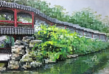 Pintura intitulada "SuZhou-Garden 长廊" por Chunlei Zhang, Obras de arte originais