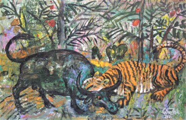 Painting titled "Tiger and buffalo 4…" by Chuzhik, Original Artwork, Oil