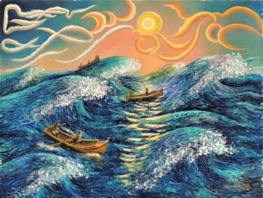 Schilderij getiteld "Seascape 2871  boat…" door Chuzhik, Origineel Kunstwerk, Olie