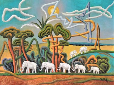 Картина под названием "Landscape with elep…" - Chuzhik, Подлинное произведение искусства, Масло