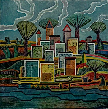 Картина под названием "Город у реки." - Chuzhik, Подлинное произведение искусства, Масло