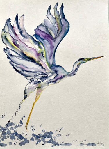 Painting titled "L’envol du heron" by Claf_art Labadie, Original Artwork, Watercolor