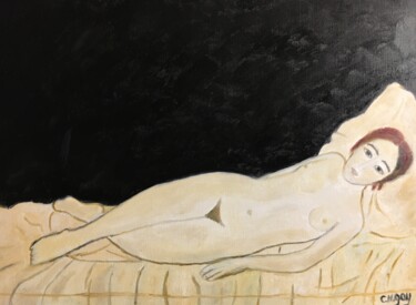 Schilderij getiteld ""Nu allongé"" door Claire Marie Gay, Origineel Kunstwerk, Olie Gemonteerd op Houten paneel