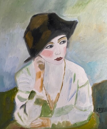 Painting titled ""La penseuse"" by Claire Marie Gay, Original Artwork, Oil Mounted on Wood Panel