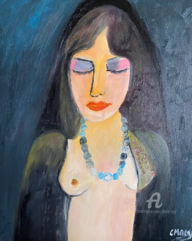 Schilderij getiteld ""Sara ou le collier…" door Claire Marie Gay, Origineel Kunstwerk, Olie Gemonteerd op Houten paneel