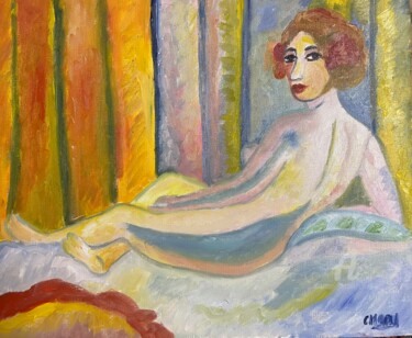 Pintura intitulada ""Iris, odalisque"" por Claire Marie Gay, Obras de arte originais, Óleo Montado em Painel de madeira