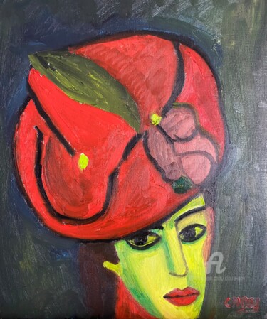 「"Le chapeau rouge"」というタイトルの絵画 Claire Marie Gayによって, オリジナルのアートワーク, オイル ウッドパネルにマウント