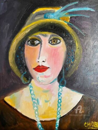 Painting titled ""Le chapeau de Mari…" by Claire Marie Gay, Original Artwork, Oil Mounted on Wood Panel