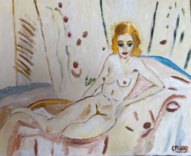 Painting titled ""Nu sur un divan ..…" by Claire Marie Gay, Original Artwork, Oil Mounted on Wood Panel