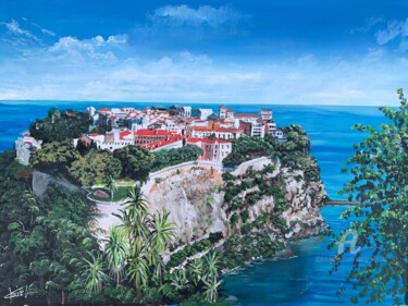 Painting titled "Le rocher de Monaco" by Claire Morand, Original Artwork, Acrylic Mounted on Wood Stretcher frame