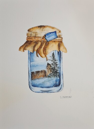 Schilderij getiteld "Magic Winter House…" door Clara Monnerot (L'Atelier Clara Del Sol), Origineel Kunstwerk, Aquarel