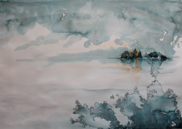 Painting titled "Je serai ton île -…" by Clau Redier-Clément, Original Artwork, Watercolor Mounted on Glass