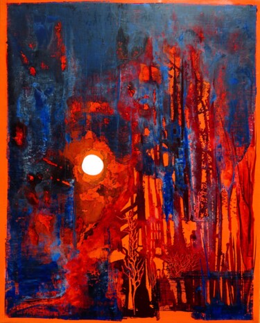 Malerei mit dem Titel "Nuit claire - paysa…" von Clau Redier-Clément, Original-Kunstwerk, Tinte Auf Andere starre Platte mon…