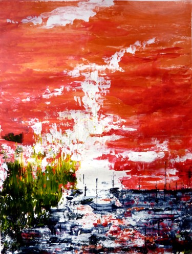 Malerei mit dem Titel "Ciel rouge sur le p…" von Clau Redier-Clément, Original-Kunstwerk, Acryl