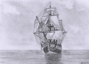 Desenho intitulada "Le navire et la mer" por Claude Blaesius, Obras de arte originais, Lápis